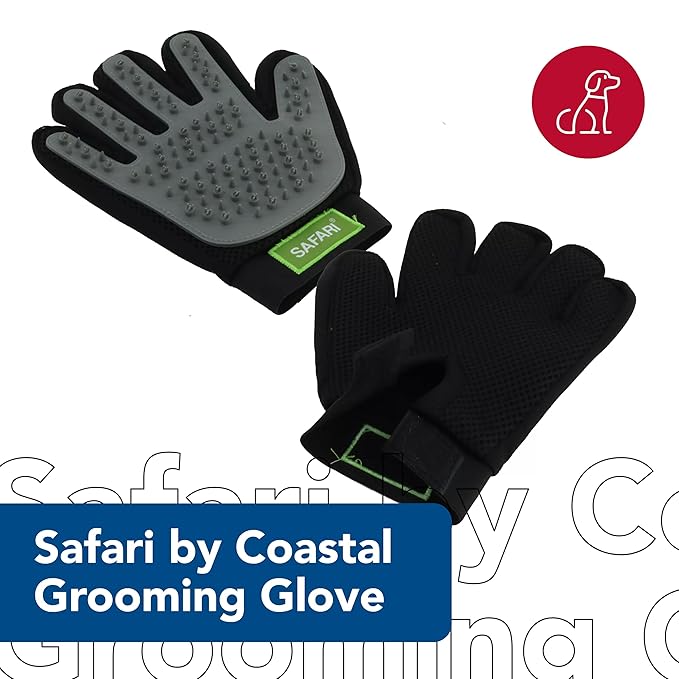 Coastal Pet Safari Grooming Mitt - Gentle Alternative to Pet Brushes for Wet & Dry Grooming - Mitt with Rubber Tips to Trap Hair & Fur - Black & Gray, Right Hand Only