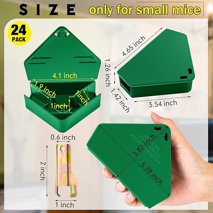 Qualirey Mice Station with Key Triangle Mouse Station Reusable Rodent Trap Box, Keeps Children and Pets Safe Indoor & Outdoor Suitable for Small Mice(Green,24 Pcs)