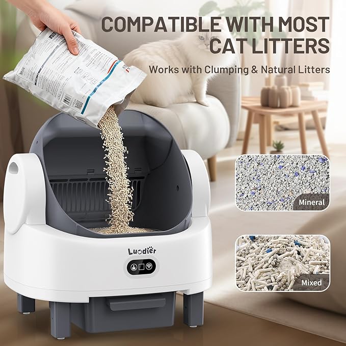 Self Cleaning Litter Box, Multiple Smart Safety Sensor, Open Top Automatic Litter Box, Large Capacity Multiple Cats, with APP Control/1 Trash Bag/1 Litter Mat, Cat Litter Box Automatic Cleaning
