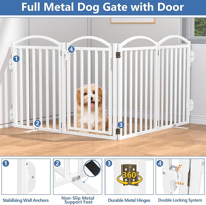 Malier Metal Freestanding Dog Gates with Door, 32'' Height Outdoor Indoor Dog Fences, Extra Wide Foldable Puppy Gate for Stairs (White, 【4 Panels with Door】 80''W × 32''H)