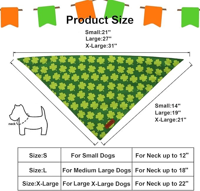 PTDECOR St. Patrick's Day Dog Bandana, Reversible Lucky Pet Scarf, Premium Durable Fabric, Adjustable Green Shamrock Pet Bandanas for Medium Large Dogs Pets (Large)