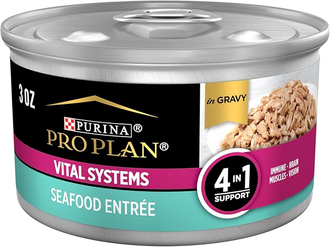 Purina Pro Plan Wet Cat Food Vital Systems Seafood Entree in Wet Cat Food Gravy 4-in-1 Immune, Brain, Muscle and Vision - (Pack of 24) 3 oz. Cans