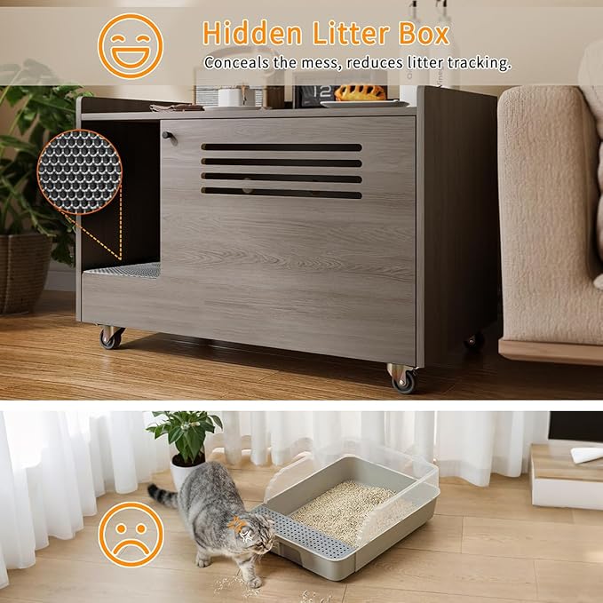 32.7" Gray Cat Litter Box Enclosure, Hidden Litter Box Furniture with Top Side Fence, Indoor Side End Table/Storage Cabinet for Large Cats
