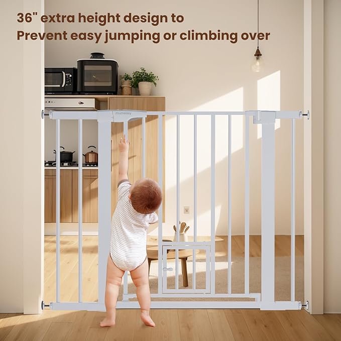 Mumeasy 36" High Extra Tall Baby Gate with Cat Door, 29.6"-40.5" Wide Pressure Mounted Dog Gate with Small Pet Door, Auto Close Pet Gate for House,Stairs,Doorways,White
