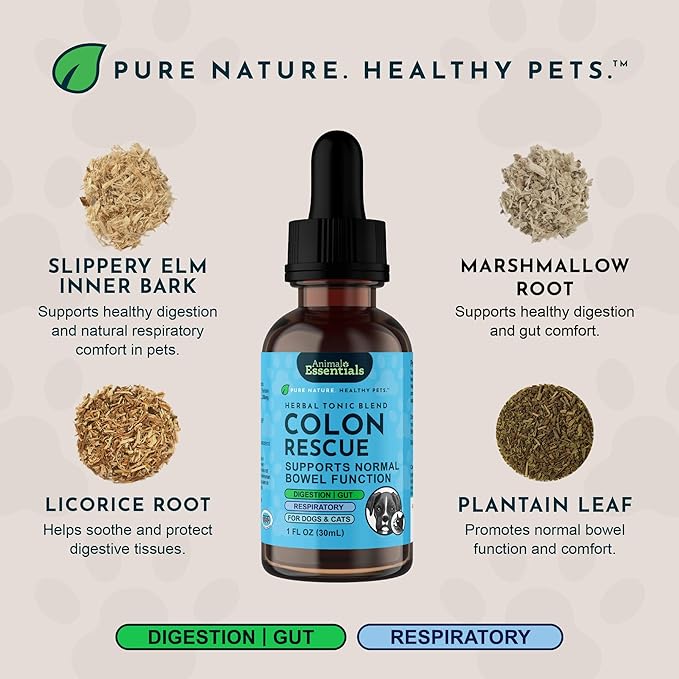Animal Essentials Colon Rescue - Dog Stool Softener, Organic Slippery Elm Bark, Fast Acting Anti Diarrhea Liquid Drops for Dogs & Cats, Natural Constipation Relief Supplement for Pets - 2 fl oz