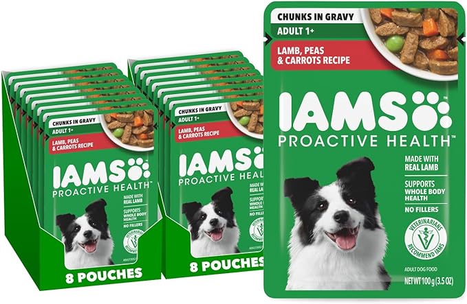 IAMS Proactive Health Adult Wet Dog Food, Lamb, Peas and Carrots Recipe, 3.5 oz. Pouch (16 Count, Pack of 1)