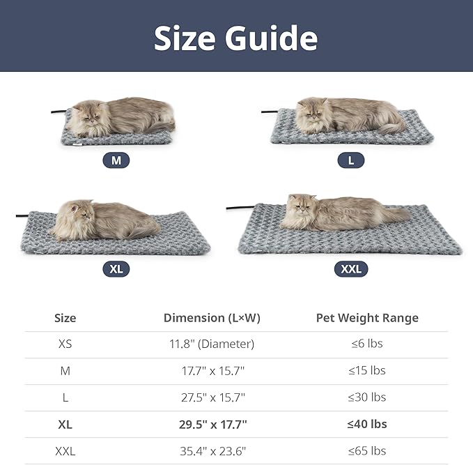 Adjustable Temperature Heated Cat Bed & Dog Heating Pad with Timer, Chew-Resistant Cord, Thick and Soft Cover, Indoor Pet Heating Pad, 29.5" x 17.7"