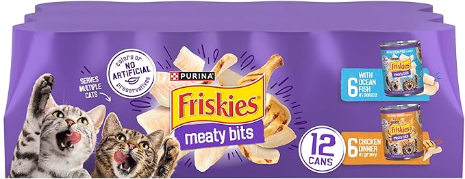 Purina Friskies Meaty Bits with Ocean Fish and Chicken Dinner in Gravy Multi Cat Wet Cat Food Variety Pack - 13.5 Ounces (Pack of 12)