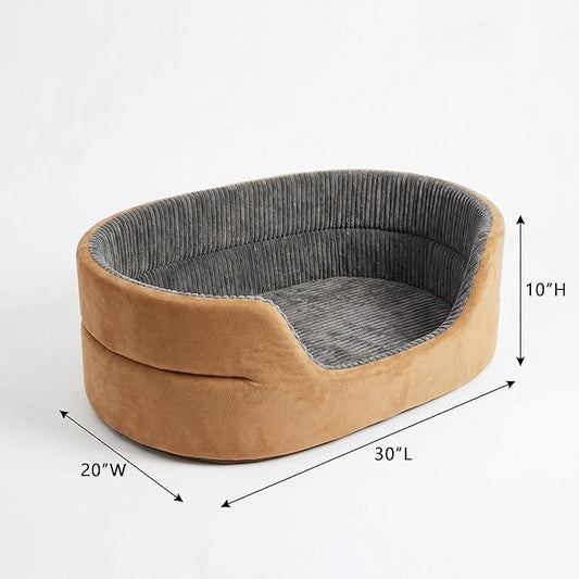 Large Dog Bed Cat Bed 20x30 Inch, Calming Pet Bed for Medium Dogs & Large Cats, Half-Enclosed Open-Top Velvet Anti-Anxiety Bed, Machine Washable Cozy Snuggle Bed (Camel)