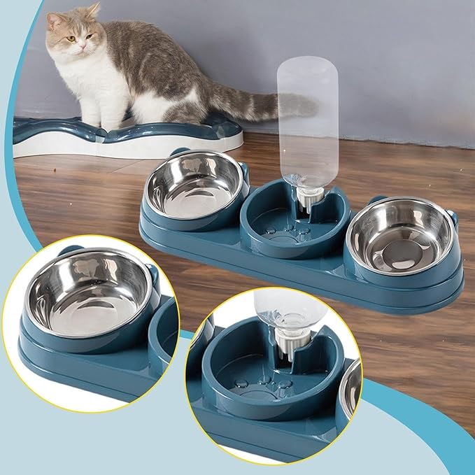 Elevated Double Bowl Pet Feeders with Automatic Water Dispenser Antislip Base for Dog Cats Daily Feeding Watering Supply - Deep Blue - Steel Bowl