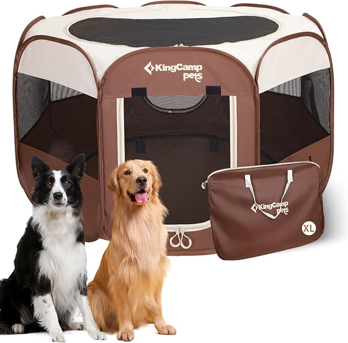 KingCamp Dog Playpen, Portable Foldable Cat Kitten Puppy Tent Crates 29"/36"/50" Pop Up Pet Playpen with Zippered Bottom & Cover for Indoor Outdoor Use (X-Large, Khaki)