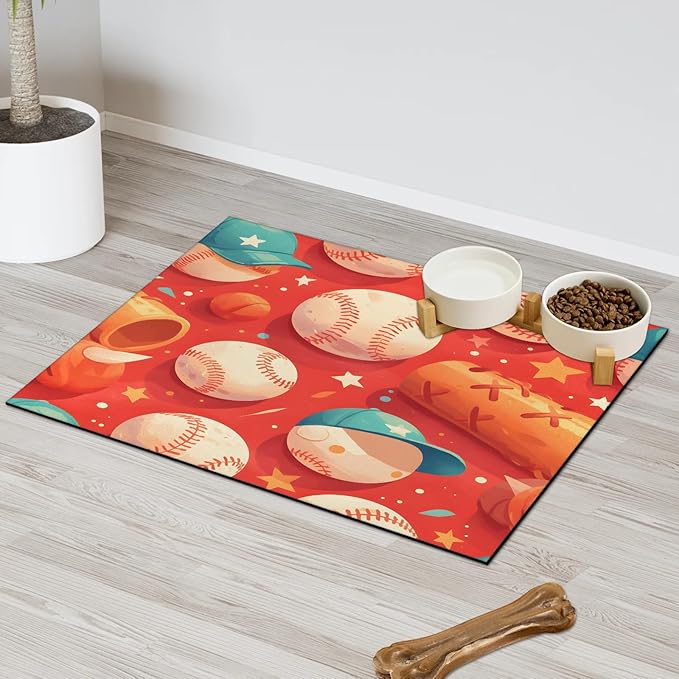 Sports Dog Food Mat for Floors Absorbent, Quick Dry Water Dispenser Mat for Food, Water, Pet Supplies 16" x 24", Baseball