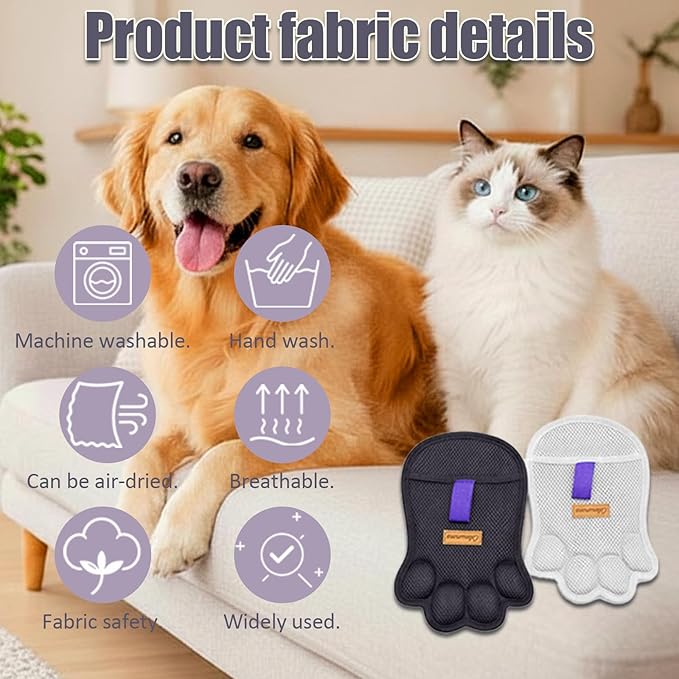 2PCS Paw Shape Pet Hair Removal Glove for Dogs & Cats, Reusable Electrostatic Lint Remover Brush for Couch, Carpet, Clothing, Bed, Car Seat, Upgraded Design（Gray）