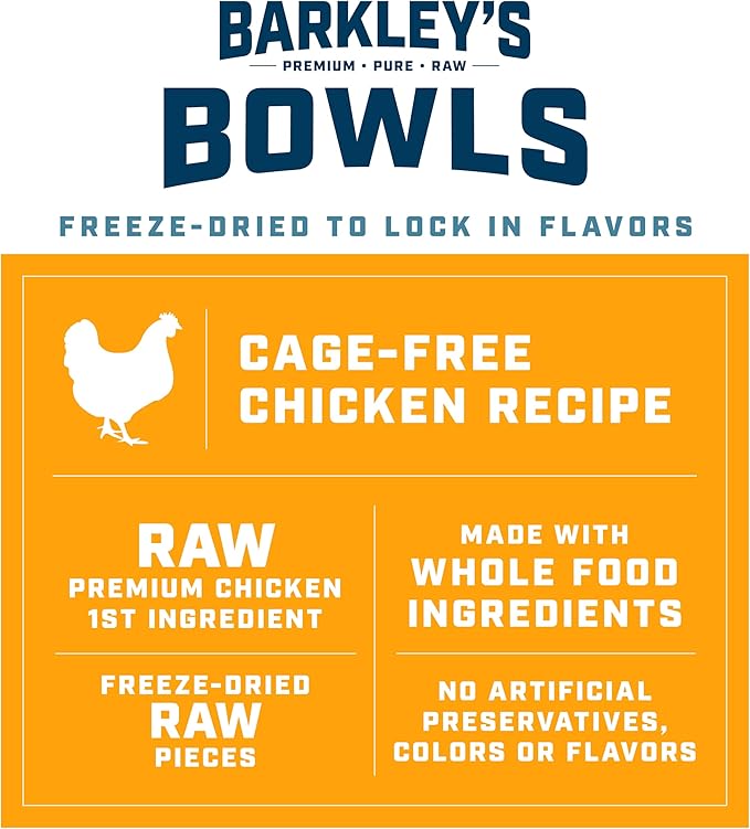 Barkley’s Bowls, Freeze-Dried Raw Chicken Dog Food, Fresh Whole Food Ingredients with Cage-Free Chicken, Grain Free, High Protein for Balanced Nutrition, Dog Treats or Topper, 16 Oz Bag (6 Pack)