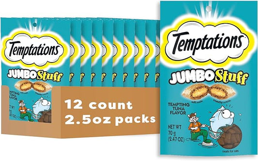 Temptations Jumbo Stuff Crunchy and Soft Cat Treats, Tempting Tuna Flavor, 2.5 oz. Pouch (Pack of 12)