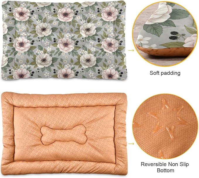 Dog Bed for Crate Washable Pet Sleep Pad, Floral Print Kennel Mat with Non-Slip Bottom, Soft Fluffy Supplies Pet for Dogs and Cats (36x24 inch)