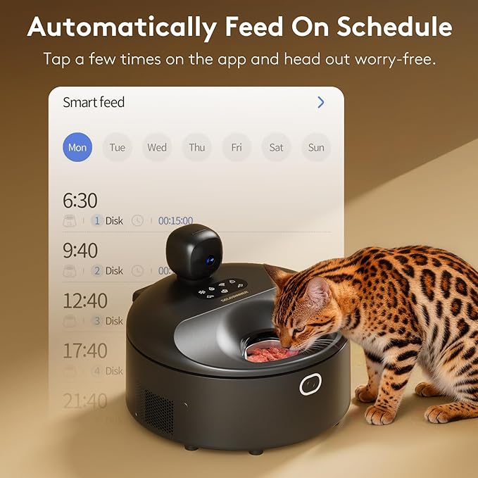 Automatic Cat Feeder Wet Food for 5 Meals, Semiconductor Cooling & Pre-Heating Pet Food Dispenser with Night Vision Camera, App-Control Auto Cat Feeder with Food-Grade Stainless Tray (Black)