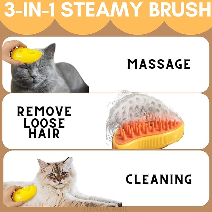 Hair Brush for Pets with Steam Function, Soft Rubber Bristles, Water or Essential Oil Reservoir, Non-Slip Grip, Easy Cleaning, for Dogs and Cats (Yellow)