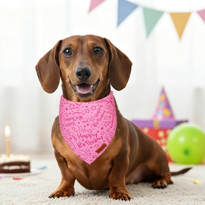 PTDECOR Pink Happy Birthday Dog Bandana, Premium Durable Fabric, Triangle Scarf for Dog Birthday Party Supplies, Pink Pet Bandana for Small Dogs Pets (Small)