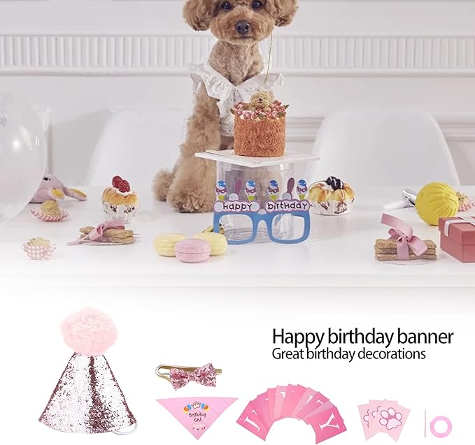 Adjustable Dog Birthday Scarf Hat Set, Pet Birthday Party Supplies, Soft Cotton Polyester Bandana with Bow Tie and Banner Cards for Puppy Photo Shoots and Celebrations