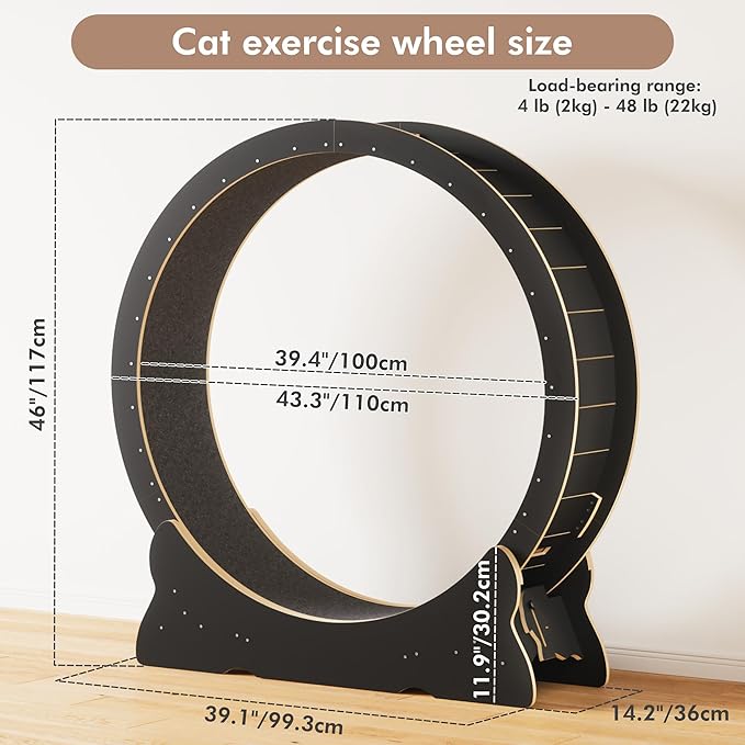 Cat Exercise Wheel, 46'' Cat Wheel for Indoor Cats with Carpeted Runway, XL Treadmill with Removable Carpet and Teaser, for Running Walking Training (Black)