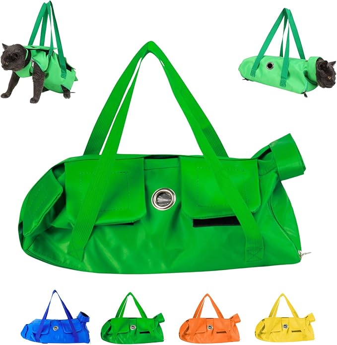 Cat Restraint Bag, Scratch-Resistant Nylon Cat Grooming Bag with Zipper & Paste Tape, Adjustable Multifunctional Cats Carry Bag for Administering Eye Drops, Ear Cleaner, Clipping Nails (Green_S)