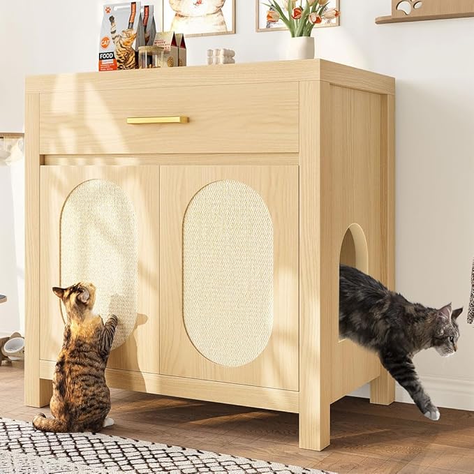 Cat Litter Box Enclosure Furniture, Hidden Litter Box Cabinet Cat House Side Table with Drawer & Sisal Scratch Pads, Wooden Pet Furniture for Living Room, Bedroom,Natural