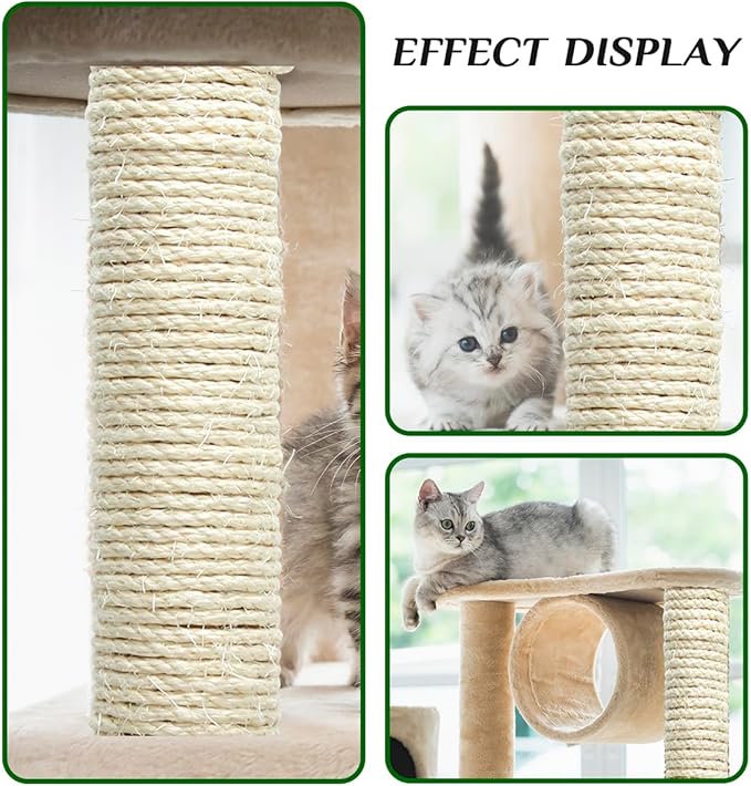 White Sisal Rope 1/4 Inch by 65-Feet for Cat Scratching Post Tree Tower Replacement Repair and Replace, DIY Hemp Twine Rope for Kittens Shelves Furniture Window Bed Perch Kicker Toys, 6mm by 20m