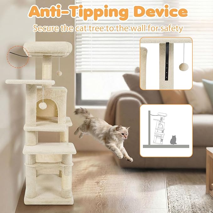 Tangkula Cat Tree Tower, 44 Inch Multi-Level Cat Tower with Sisal Scratching Posts, 2-Door Condo, Padded Top Perch & Hammock, 2 Hanging Balls, Jumping Platforms for Indoor Cats (Beige)