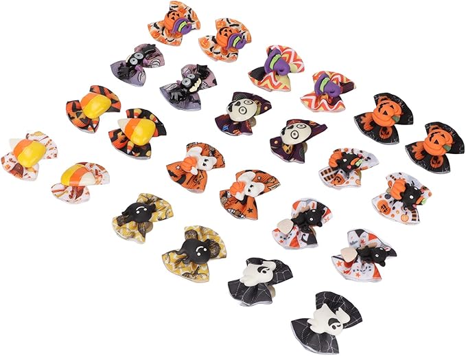 Dog Halloween Stylish Handcrafted Grooming Bows 24Pcs for Pet Cats Dogs, Polyester Material Halloween Patterns Cat Dog Hair Bows for Party Supplies