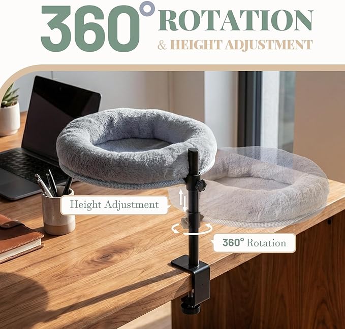 Cat Desk Bed with Clamp – Adjustable Height & 360° Rotation Desk Cat Hammock Perch, Space-Saving Cat Bed with Removable Washable Cushion for Home Office & Remote Work Cat Owners on Small Apartments