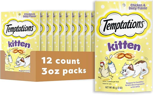 Temptations Kitten Treats Classic Crunchy and Soft Cat Treats, Chicken and Dairy Flavor, 3 oz. Pouch (Pack of 12)