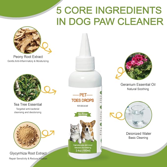 Dog Paw Cleaner 3.4oz - No Rinse Toe Cleanser for Sensitive Paws, Relieves Paw Licking, Deep Cleans Paws & Toe Crevices, Soothes & Moisturizes, Safe for Puppies to Large Pets