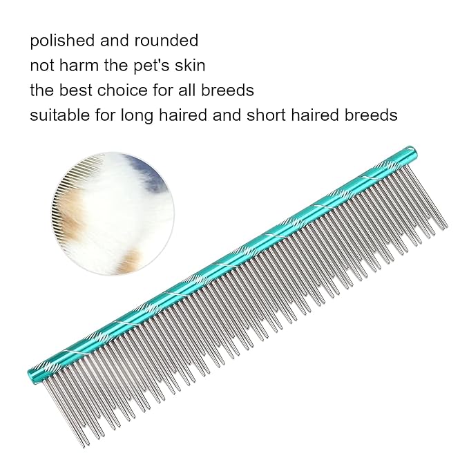 Pet Hair Removal Comb, Stainless Steel Cat Grooming Tool with Dual - Density Teeth, Open Knot Comb for Long and Short Haired Cats, Ergonomic Non - Slip Handle (Green)
