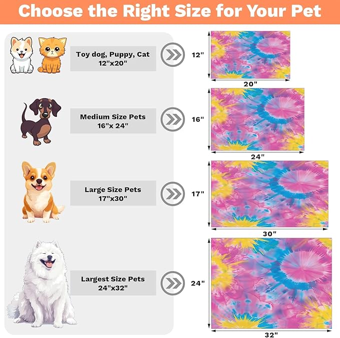 Tie Dye Dog Food Mat for Floors Absorbent, Quick Dry Water Dispenser Mat for Food, Water, Pet Supplies 12" x 20", Pink Yellow Blue
