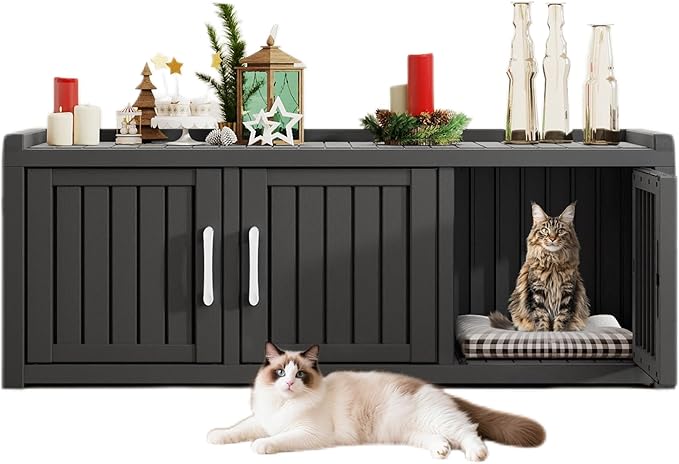 KAMABOKO Hidden Cat Litter Box Enclosure Furniture with 3 Doors & Multiple Windows, Waterproof PP Modern Litter Box Cabinet for Large Cats, Easy-to-Clean Cat Furniture for Living Room