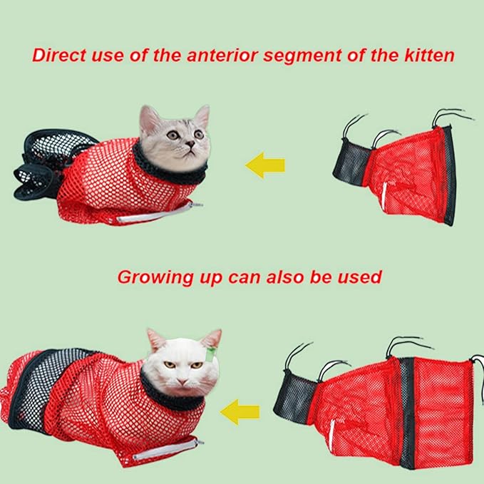 2 PCS Cat Grooming Bag, Mesh Restraint for Bathing and Nail Trimming, Red and Black, Adjustable