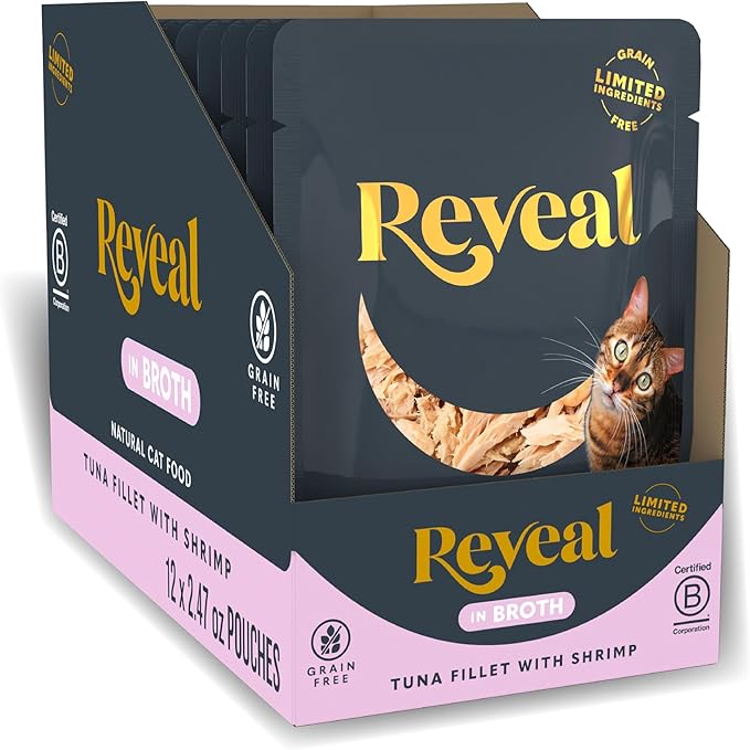 Reveal Natural Wet Cat Food, Limited and Natural Ingredients, Grain Free, High Protein with No Artificial Additives, Tuna Fillet with Shrimp in Broth (12 x 2.47 oz Pouches)