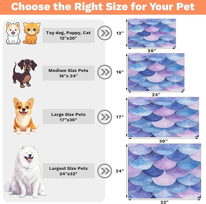 Mermaid Scales Dog Food Mat for Floors Absorbent Dog Bowl Mat for Food and Water Dispenser Quick Dry Cat Food Placemat Pet Supplies 12" x 20", Blue Purple Ocean