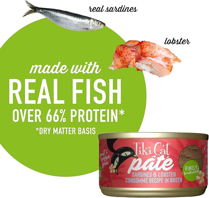 Tiki Cat Grill Pâté, Sardines & Lobster Consommé, High-Protein and 100% Non-GMO Ingredients, Wet Finely Minced Cat Food for All Life Stages, 2.8 oz. Cans (Pack of 12)