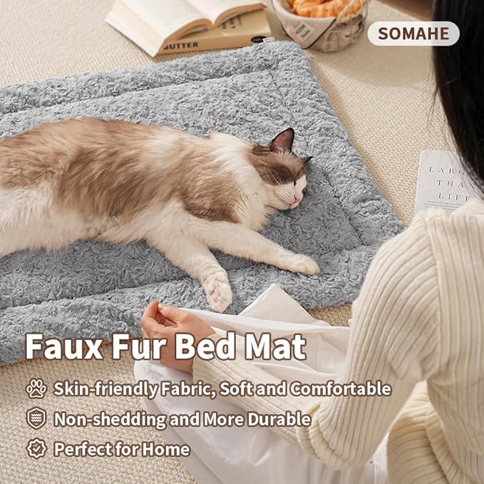 Self Warming Cat Bed Mat, Washable Self Heating Cat Mat, Extra Warm Thermal Pet Pad with Non-Slip Bottom, Soft Plush Faux Fur for Indoor Pet Sleep Cushion, 23x15 Inch Beige