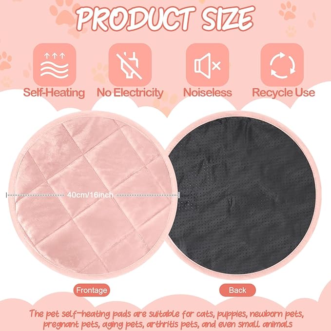 2 Pcs Self Warming Cat Mat Round Self Heating Pad Bed Reversible Machine Washable Heated Bed Anti Slip Warming Pad Pet Mat for Cat Crate Indoor Outdoor(Pink,16 Inch)