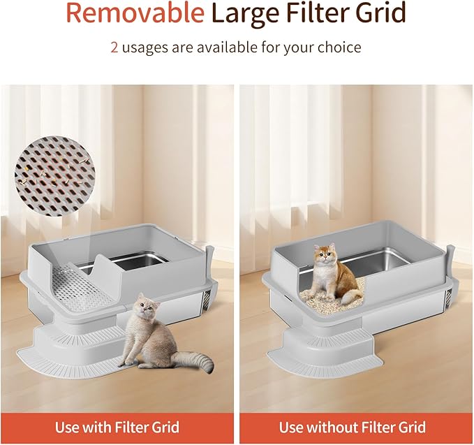XXXL Stainless Steel Litter Box, 28"x20"x12" Extra Large Semi Enclosed High Sided Metal Cat Litter Box with Filtered Grid, Step, Scoop, Non-Sticky, Non-Odor, Easy Cleaning (Light Gray)
