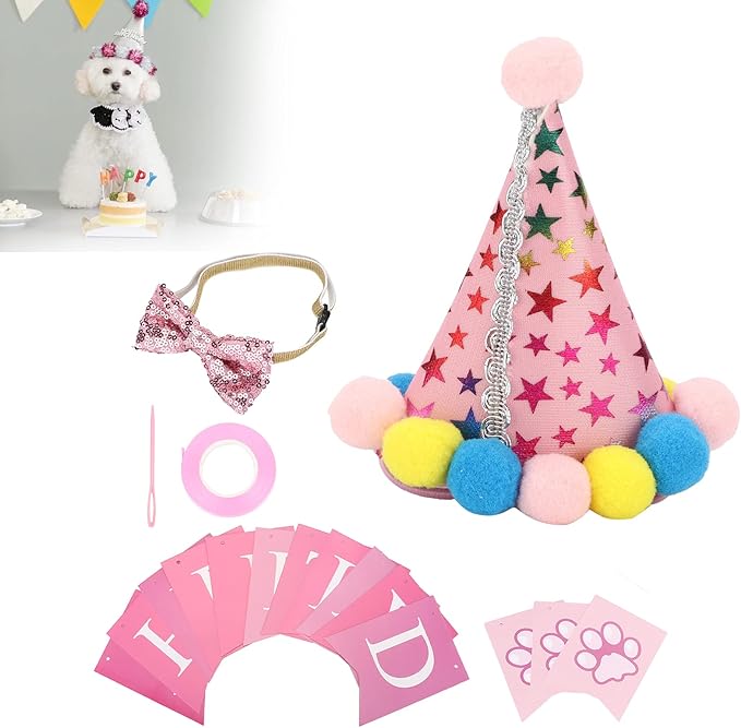 Dog Birthday Hat and Bow Tie Set, Adjustable Soft Pet Party Supplies, Cute Birthday Decorations with Banner for Small Medium Dogs, Washable Polyester Cotton Fabric (Pink)