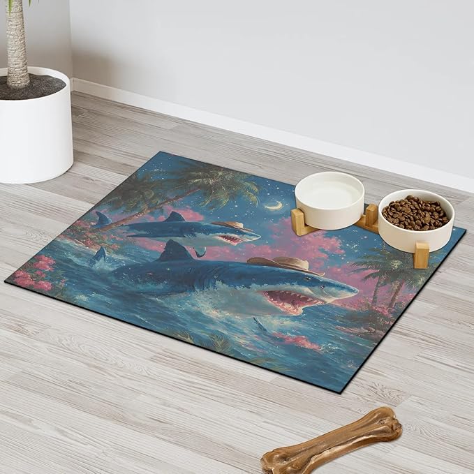 Ocean Sharks Dog Food Mat for Floors Absorbent Dog Bowl Mat for Food and Water Dispenser Quick Dry Cat Food Placemat Pet Supplies 24" x 32", Palm Tree