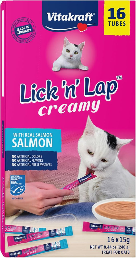 Vitakraft Lick 'n' Lap Snack Creamy, Cat Treat with Real Salmon, 16 Count