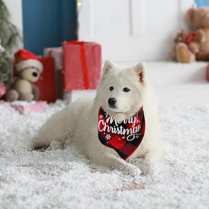 Happyyami 2pcs Christmas Plaid Dog Scarves, Triangle Pet Bibs with Red and Green Xmas Print, Festive Bandanas for Small to Medium Dogs, Holiday Pet Supplies