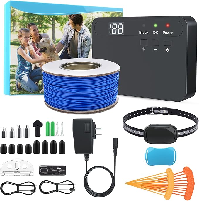 Electric Dog Fence System, Waterproof Collar Receiver, With 656Ft Underground/Aboveground Boundary Wire Wired Pet Containment System with Adjustable Static/Tone Correction for Small Medium Large Dogs