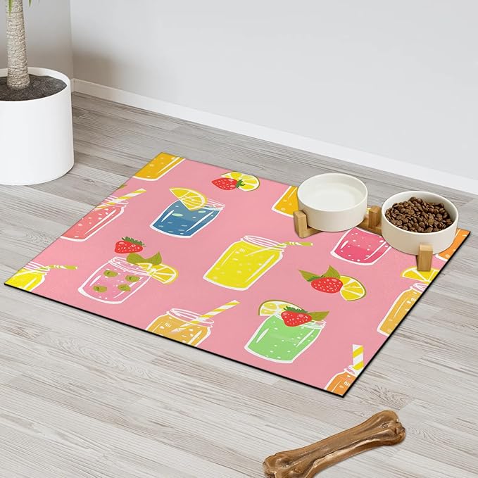 Cool Juice Dog Food Mat for Floors Absorbent Dog Bowl Mat for Food and Water Dispenser Quick Dry Cat Food Placemat Pet Supplies 24" x 32", Lemon Strawberry