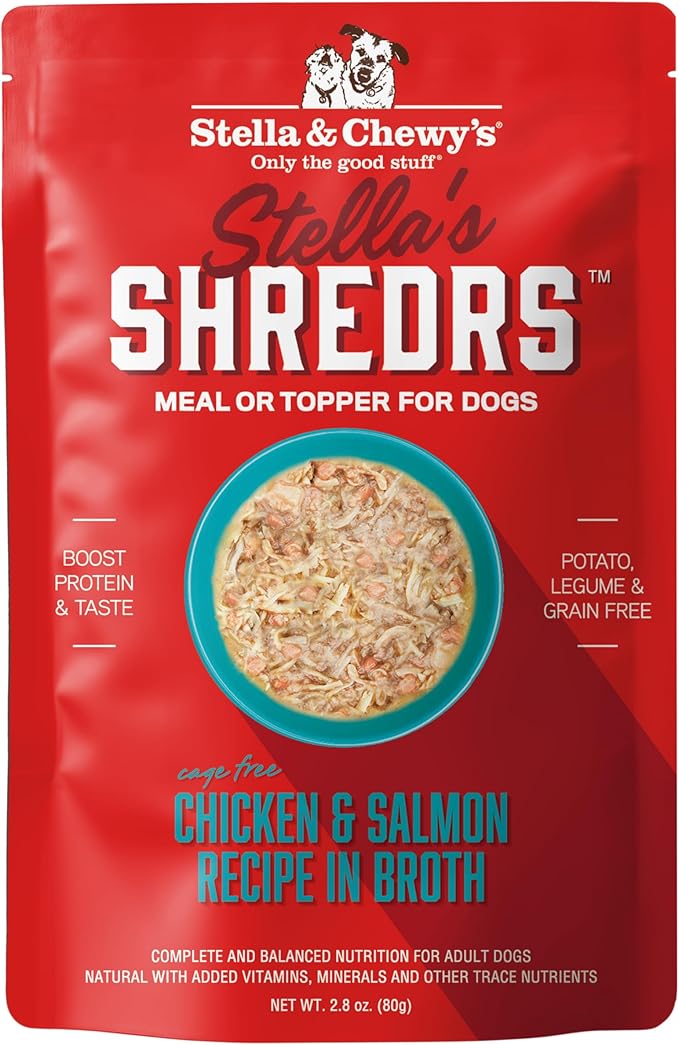 Stella & Chewy's Cage Free Chicken & Salmon Shredrs - Premium Dog Food Pouches - Freeze Dried Raw Nutrition in Broth - Perfect for Picky Eaters- 12 Pack, 2.8oz Each
